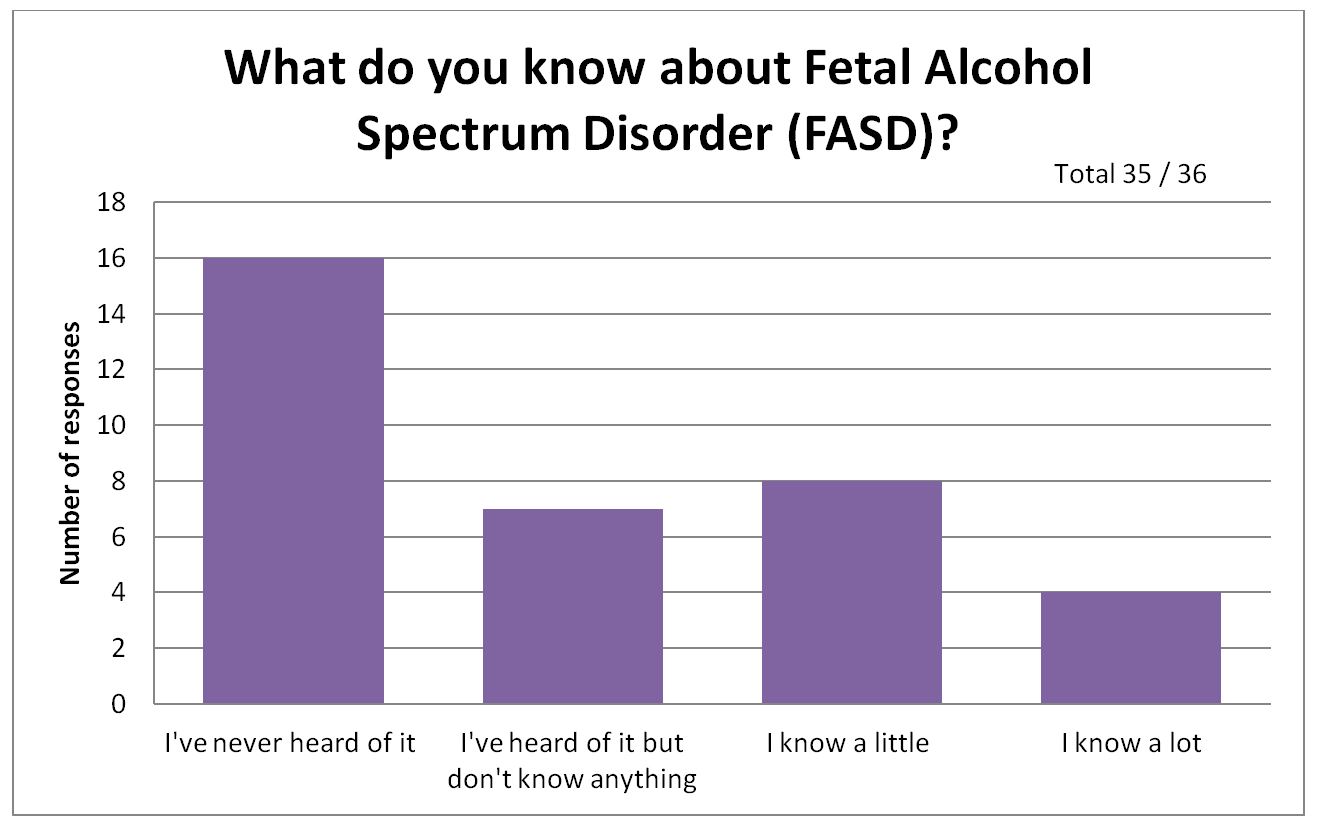 Graph showing responses to what people know about fetal alcohol spectrum disorder - the chart mainly shows that people haven't heard of the disorder.