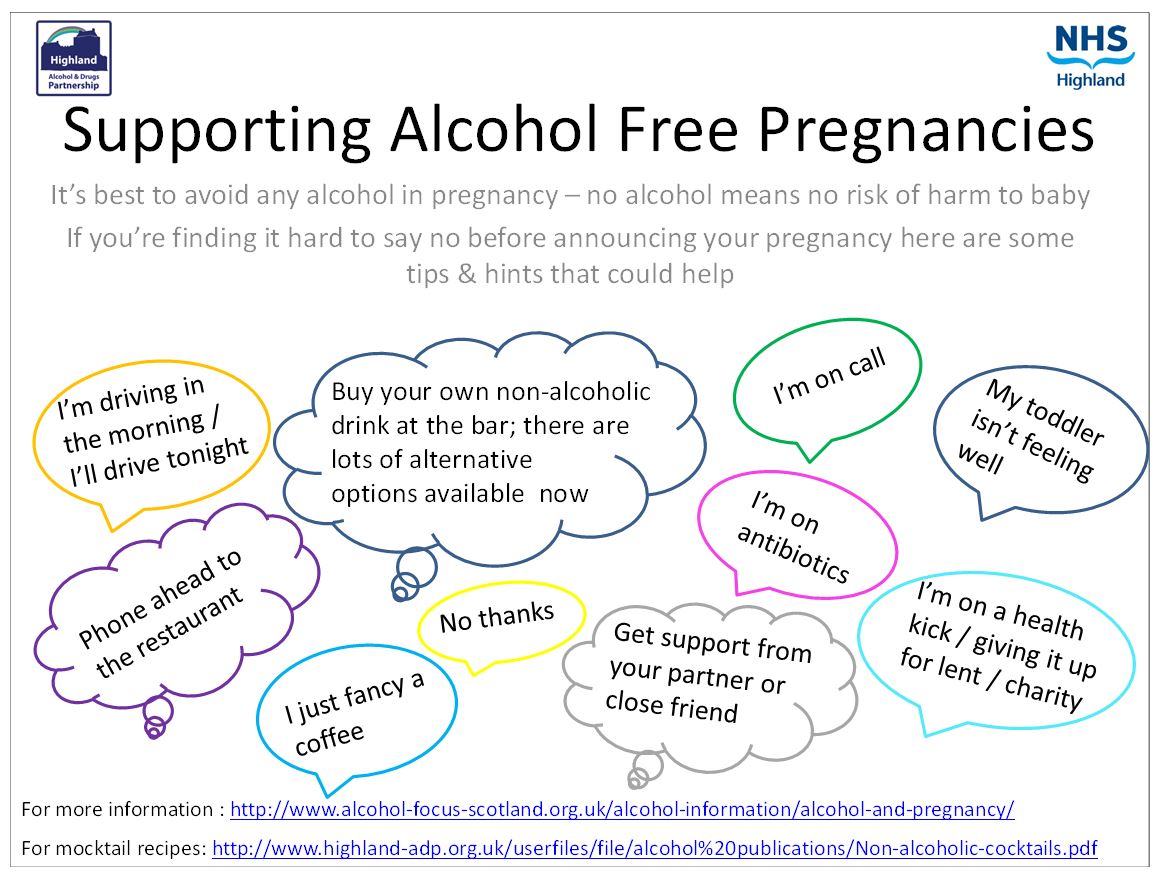 Image with advice on 'Supporting Alcohol Free Pregnancies' including; "I just fancy a coffee", "I'm on call", My toddler isn't feeling well", "I'm on a health kick or giving it up for lent/charity", "I'm on antibiotics", I'm driving in the morning or I'll drive tonight", "No thanks" or buying your own non-alcoholic drink/get support from your partner or close friend.