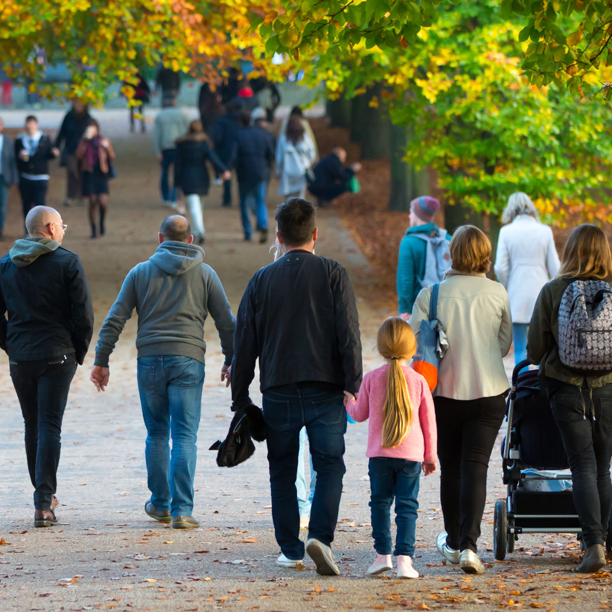 Groups or people walk along a busy path in a public park. It appears to be autumn as the leaves on the trees are bright orange and yellow,